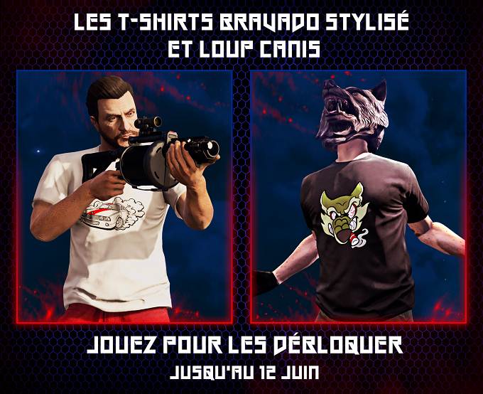 GTA Online mise à jour juin 2019 débloquer t-shirts Bravado stylisé et loup Canis 