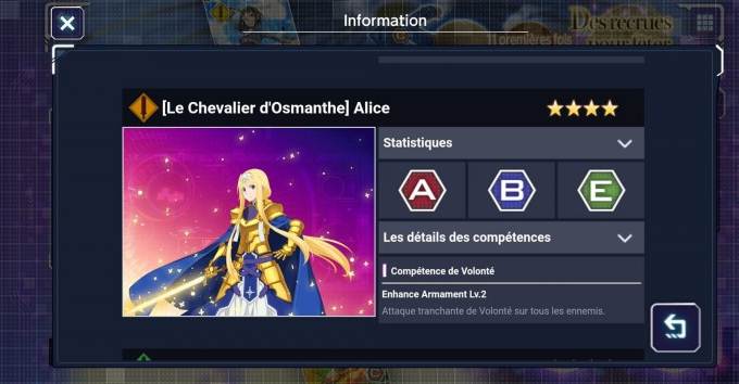 Alice (Le chevalier d’Osmanthe) - 4 étoiles - Personnages SAO Alicization Rising Steel Guide