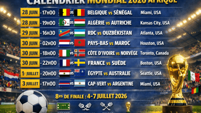 Calendrier Mondial 2026 – 16es de finale (28 juin – 3 juillet 2026)
